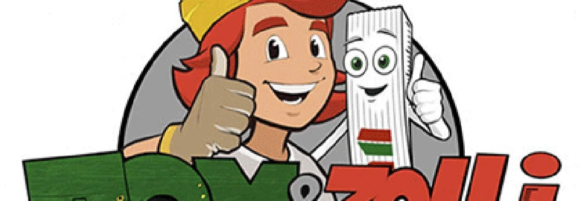 Tom und Zolli Logo: Person mit Bauhelm und Zollstock zeigen Daumen hoch